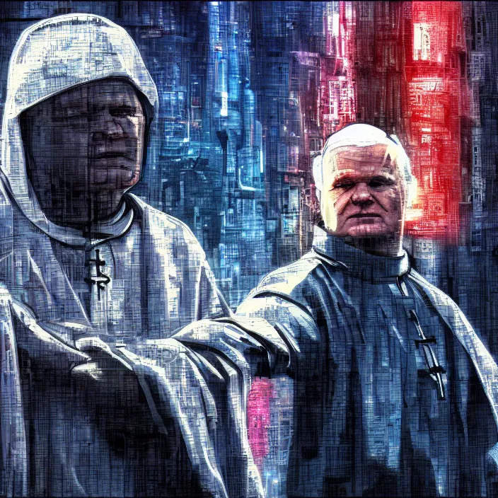 Image similar to John Paul II in cyberpunk, digital art