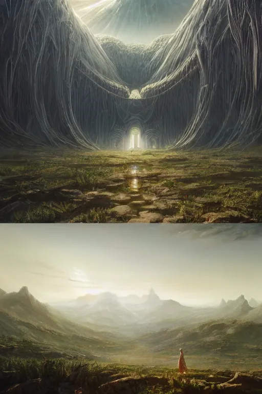 Image similar to amazing concept painting, by Jessica Rossier and HR giger and Beksinski, A gleaming white opera hall fortress overlooks a fertile valley, brutalist deak ferrand Jean-pierre Ugarte bases, Rivendell Himeji, hallucination, garden of eden