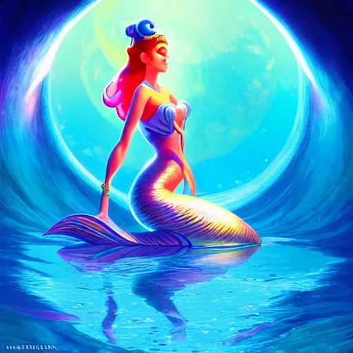 Image similar to sailormoon mermaid, bold colors, intricate, volumetric lighting, good composition, fine swirling lines, bold colors, global illumination, art by tyler edlin and rhads and gustave dore, artstation