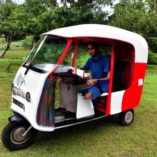 Image similar to a flying tuk tuk