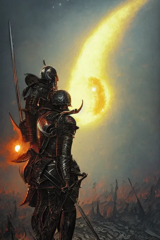 Image similar to a knight in black armor stands in front of a solar eclipse in a hellish landscape of ash and fire surrounded by a field of swords, intricate, highly detailed, artstation, concept art, illustration, sharp focus, art by ralph horsley, greg rutkowski, and alphonse mucha