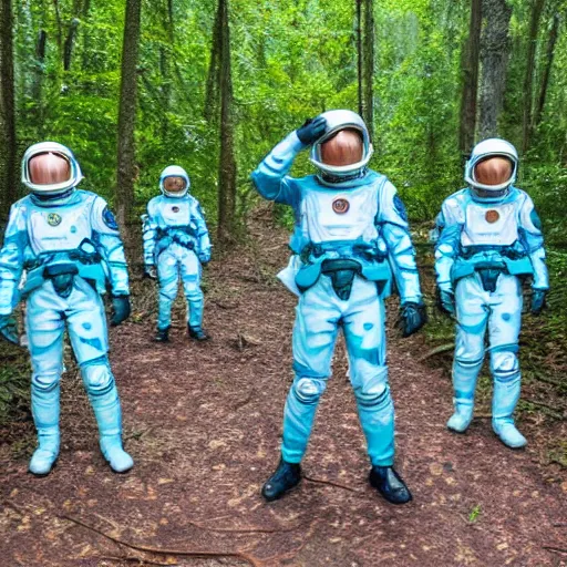 Image similar to a squad of space scouts wearing cyan camo uniforms with white armor and helmets exploring a forest planet