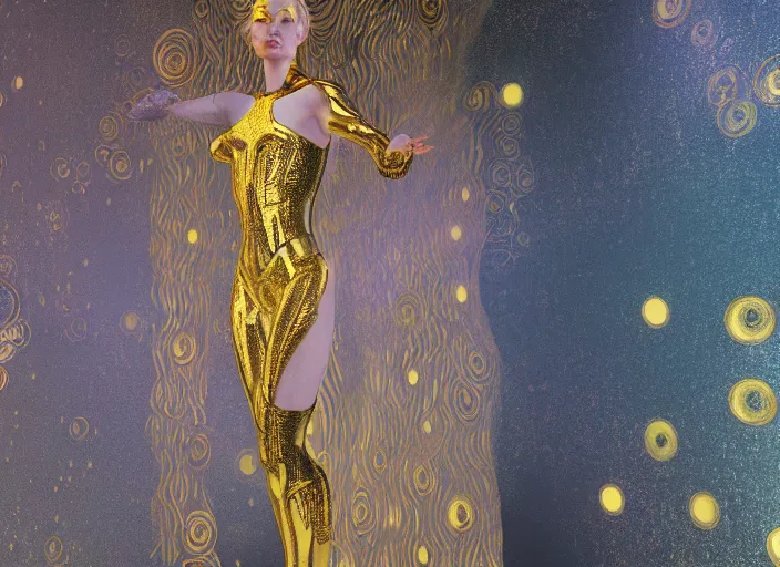 Image similar to !dream Figure cyborg with flowing golden robes and light beams, volumetric lighting, By Gustav Klimt, Monet, cg, Octane render, 4K, Yoshitaka Amano, James Jean