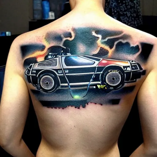 Image similar to a tattoo of delorean from back to the future,