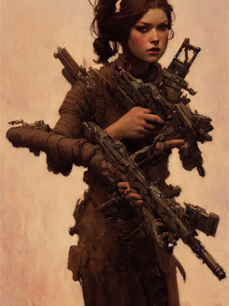 Image similar to portrait max mad cyberpunk, girl with a rifle character design, painting by gaston bussiere, katsuya terada, nc wyeth, greg rutkowski, craig mullins, vermeer, frank frazetta, tom of finland, trending on artstation, jeffery catherine jones