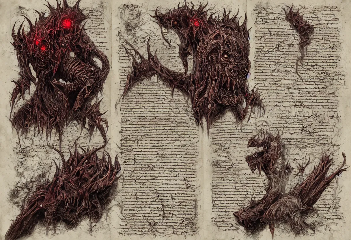 Prompt: pages of demonic manuscripts from necronomicon book drawn and written in blood, hyperrealism, realistic, dramatic lighting, octane render, highly detailed, cinematic lighting, cinematic, art by wes benscoter