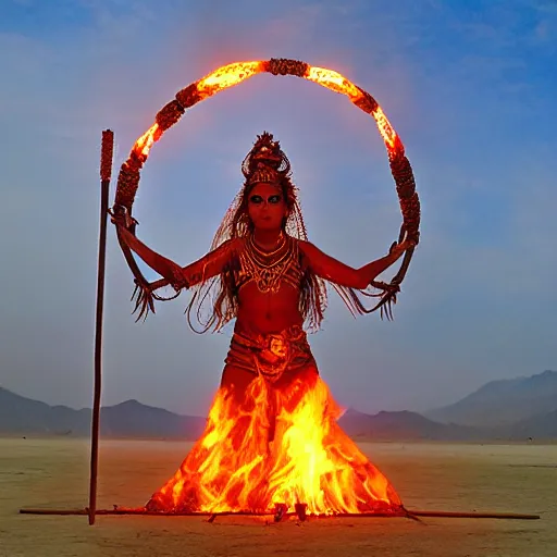 Prompt: hindu goddess of firespinning, burning man, fire poi, fire staff, tesseract, intricate