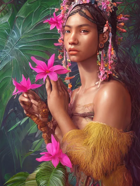 Prompt: beautiful portrait of a Subtropical monsoon climate minority female wearing fantastic costume,ivoy skin, pigtail,subtropical plants,subtropical plants flowers,intricate, elegant, highly detailed, dim volumetric lighting, 8k,octane,post-processing,digital painting, trending on artstation, concept art, smooth, sharp focus, illustration,by Tom Bagshaw and Daniel Gerhartz and Albert Aublet and Lawrence Alma-Tadema and alphonse mucha