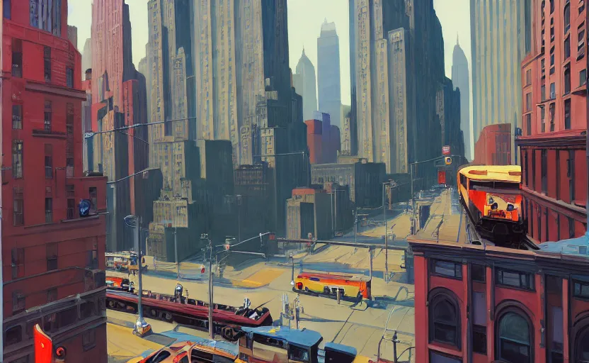 Prompt: A big train moving in the middle of new york city, very coherent, painted by Edward Hopper, Wayne Barlowe, painted by James Gilleard, airbrush, art by JamesJean