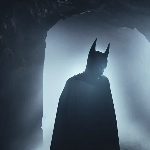 Prompt: scary vampire batman, cinematic lighting, god rays through fog, cape, cave, mood scary, film quality,