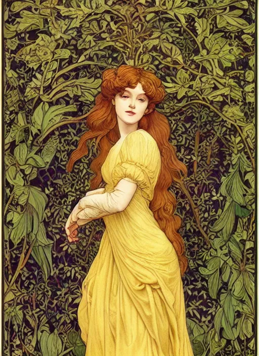 Image similar to masterpiece beautiful seductive flowing curves pose preraphaelite portrait photography, straight bangs, thick set, yellow ochre ornate medieval dress, mushroom forest arch, amongst foliage, william morris and kilian eng and mucha, framed, 4 k