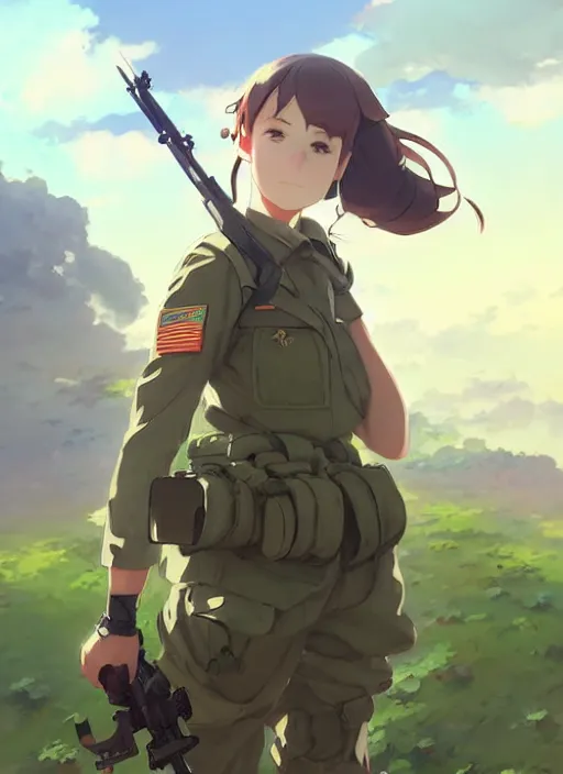 Image similar to portrait of cute soldier girl, cloudy sky background lush landscape illustration concept art anime key visual trending pixiv fanbox by wlop and greg rutkowski and makoto shinkai and studio ghibli and kyoto animation soldier clothing military gear realistic anatomy mechanized