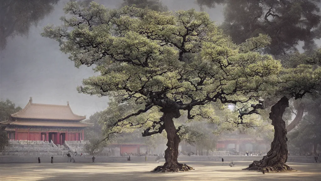 Image similar to the great elven tree growing in the forbidden city, beijing. andreas achenbach, artgerm, mikko lagerstedt, zack snyder, tokujin yoshioka