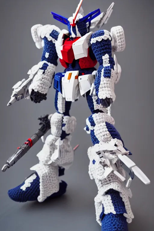 Image similar to a crochet gundam mecha, Sigma 50 mm f/1.4