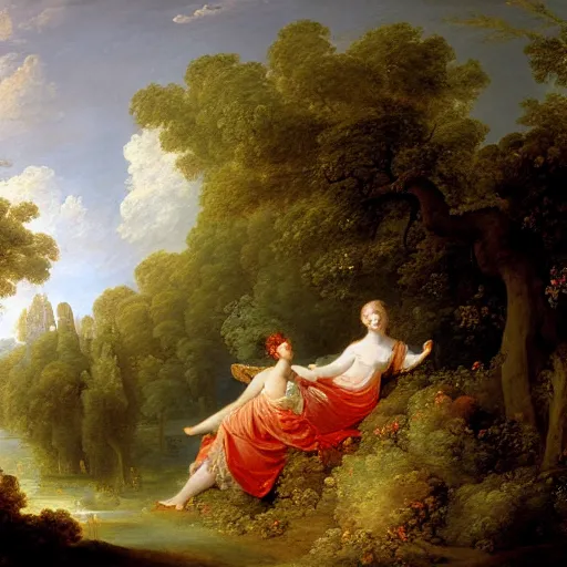 Prompt: very very very beautiful oil painting of arcadia in the Renaissance style by Jean-Honoré Fragonard, 8k, sun beams