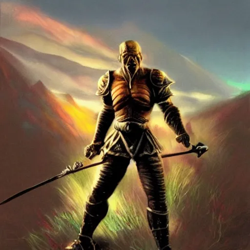 Prompt: Bright, colorful, realistic dark gritty individual elder scrolls morrowind golden saint full body backlighting, kodachrome, high contrast, highly detailed, sharp focus, digital painting, concept art, illustration, trending on artstation, comic book by Alex Ross cover art