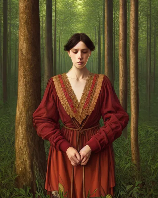 Prompt: symmetry portrait of welsh brunette student in mans tunic, embroidery, trees, tomboy, short hair, intricate forest background, intricate, elegant, highly detailed, digital painting, artstation, concept art, smooth, sharp focus, illustration, art by artgerm and greg rutkowski and fra angelico and alphons mucha