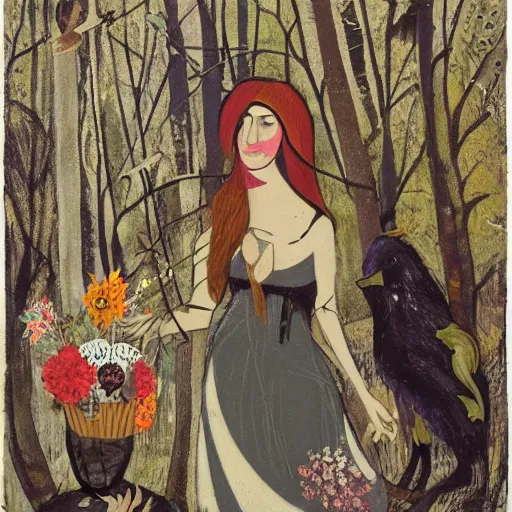 Image similar to In the mixed mediart Vasilisa can be seen standing in the forest, surrounded by animals. She is holding a basket of flowers in one hand and a spindle in the other. Her face is turned towards the viewer, with a gentle expression. In the background, the forest is depicted as a dark and mysterious place. scarlet by Bruno Munari monumental