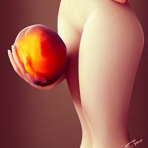 Prompt: Beautiful clothed woman holding a peach, seen from the rear, detailed digital art by WLOP and Artgerm