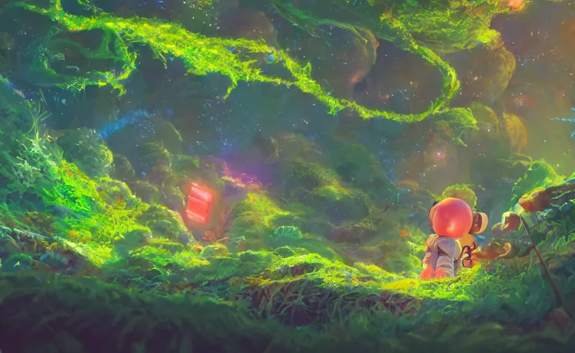 Image similar to a still of a cute adorable tiny astronaut, on a planet of lush colorful foliage surrounded by monster dragons, magical forest, sharp focus, neon backlit, highly detailed, disney pixar studio ghibli makoto shinkai, digital painting, matte, octane render, cinematic volumetric lighting, global illumination, iridescent, anime, 8 k concept art