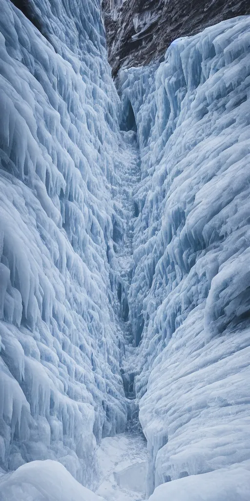 Prompt: a frozen canyon, covered in ice, in the style of reuben wu,