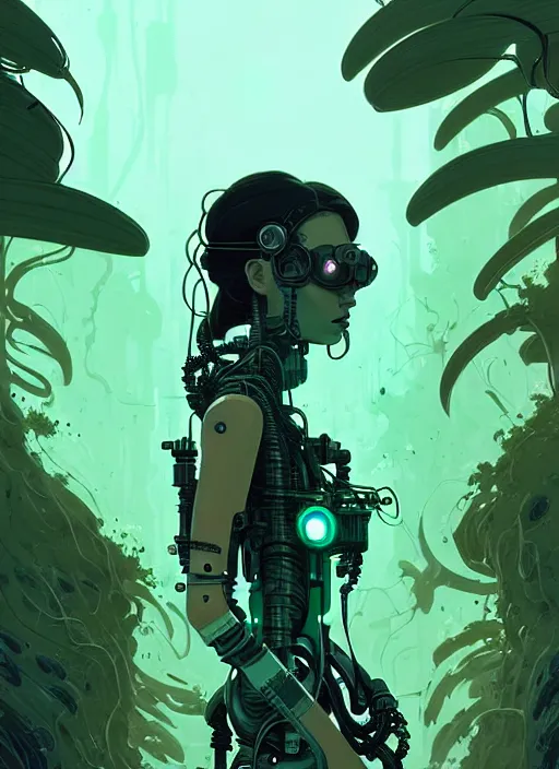 Image similar to highly detailed portrait of a biopunk cyborg long wavy dark hair tribal lady, stray wiring by atey ghailan, james gilleard, by joe fenton, by greg rutkowski, by greg tocchini, by kaethe butcher, 4 k resolution, gradient green, black and white color scheme!!! ( ( forested robotic dense jungle background ) )