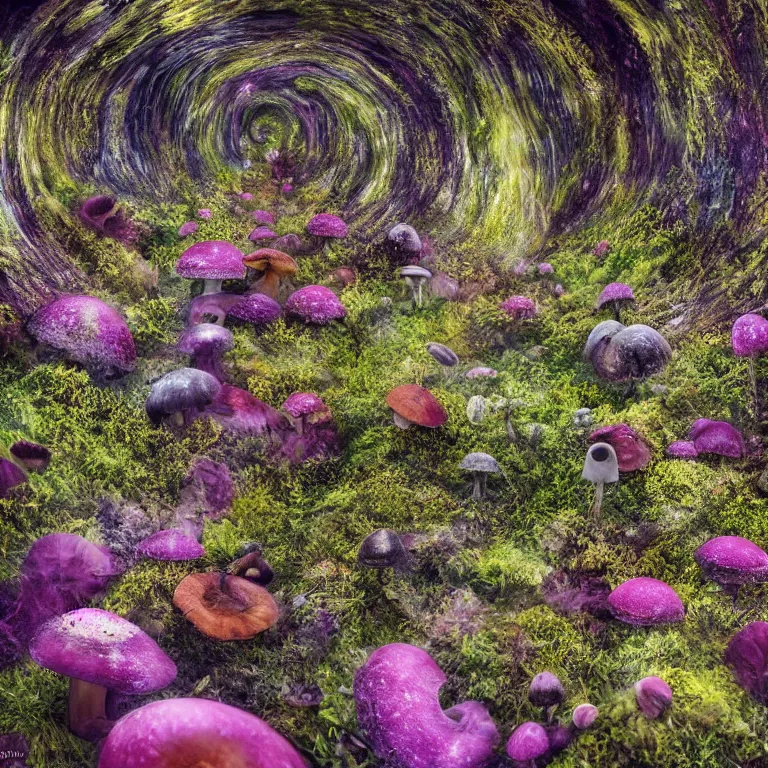 Image similar to a planet of various fungus, mushrooms, flowers and plants, inside the picture is infinity, Atmospheric, artistic photography, conceptual, long exposure outside the city, volumetric light