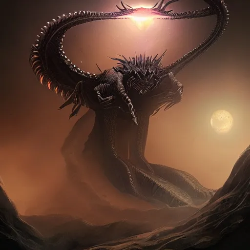 Image similar to alien dragon inspired by René Laloux, Greg Rutkowski,stars, cinematic