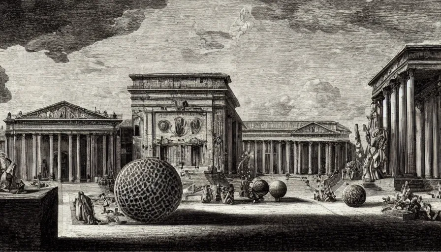 Image similar to a huge square with esoteric building with spheres, by piranesi, high quality, high detailed