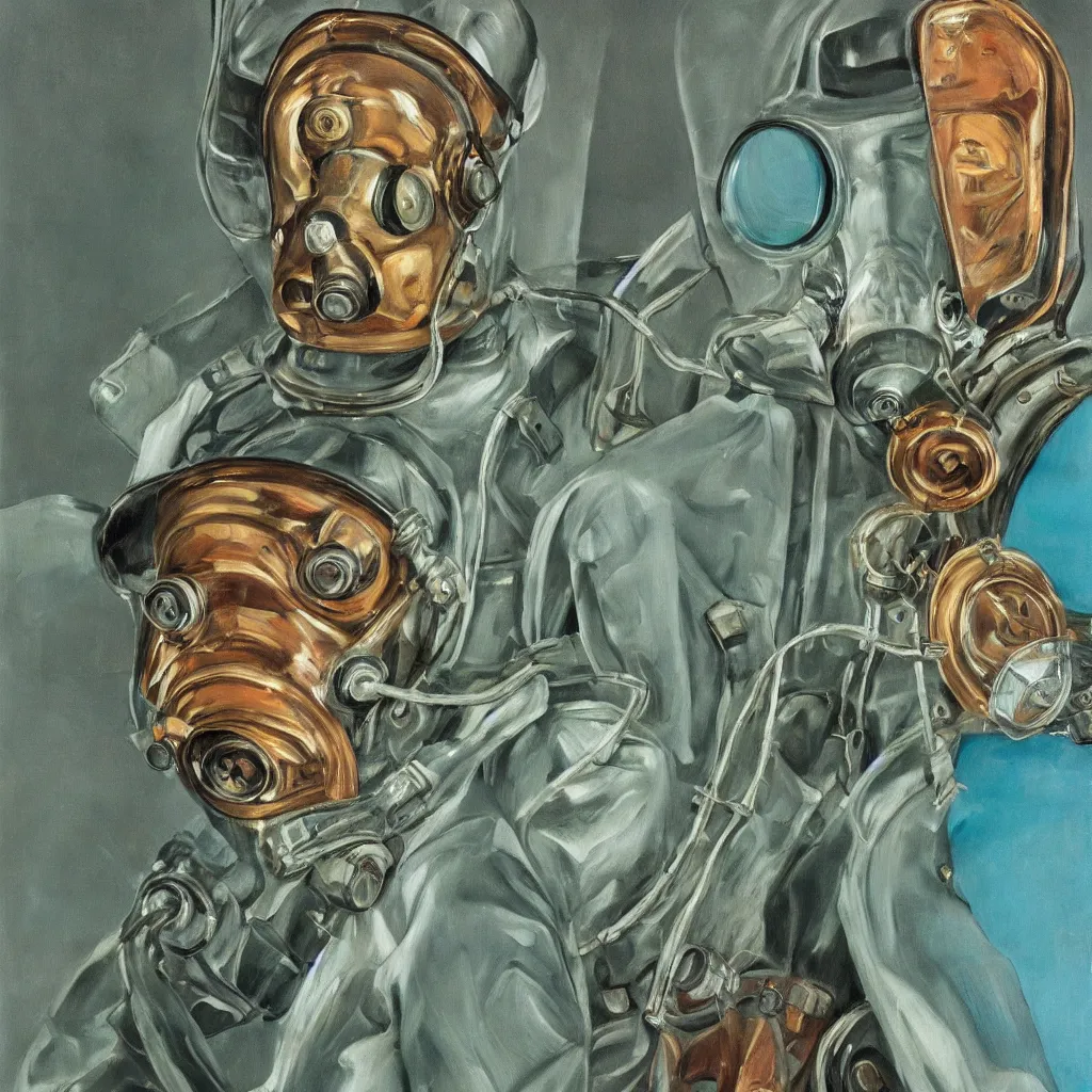 Image similar to high quality high detail painting by lucian freud, jenny savile, scifi soldier with gas mask, turquoise, hd