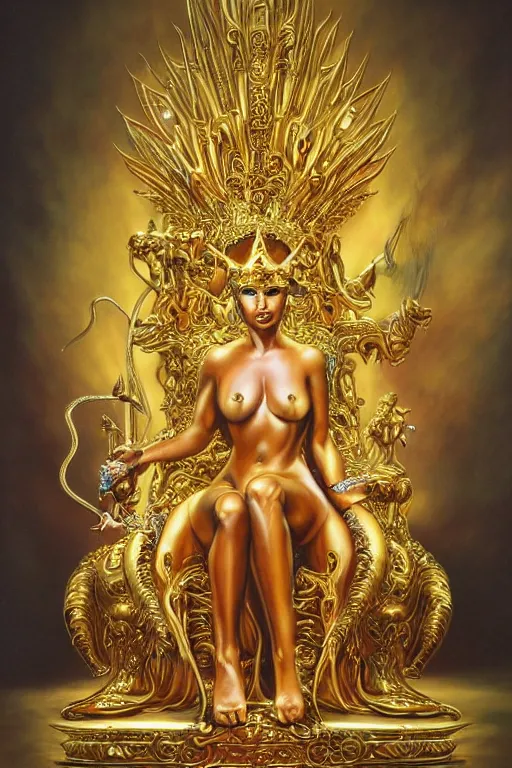 Image similar to airbrush painting of an amazing golden queen seated over a fantasy throne, by hajime sorayama and boris vallejo, realistic, hyperdetailed, centered, magic, trending on artstation,