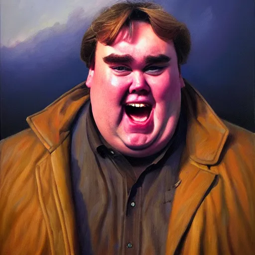 Image similar to portrait of john candy crying in the metaverse, fire and pain, oil on canvas by william sydney mount, trending on artstation