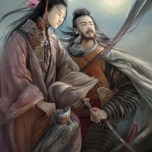 Prompt: dynamic composition, motion, ultra-detailed, incredibly detailed, a lot of details, amazing fine details and brush strokes, colorful and grayish palette, smooth, HD semirealistic anime CG concept art digital painting, watercolor oil painting of meadow and sunrise, from Three Kingdoms, by a Chinese artist at ArtStation, by Huang Guangjian, Fenghua Zhong, Ruan Jia, Xin Jin and Wei Chang. Realistic artwork of a Chinese videogame, gradients, gentle an harmonic grayish colors.