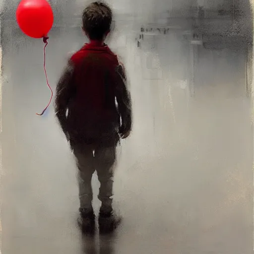 Prompt: lonely kid with a red balloon, gloomy, painting by jeremy mann