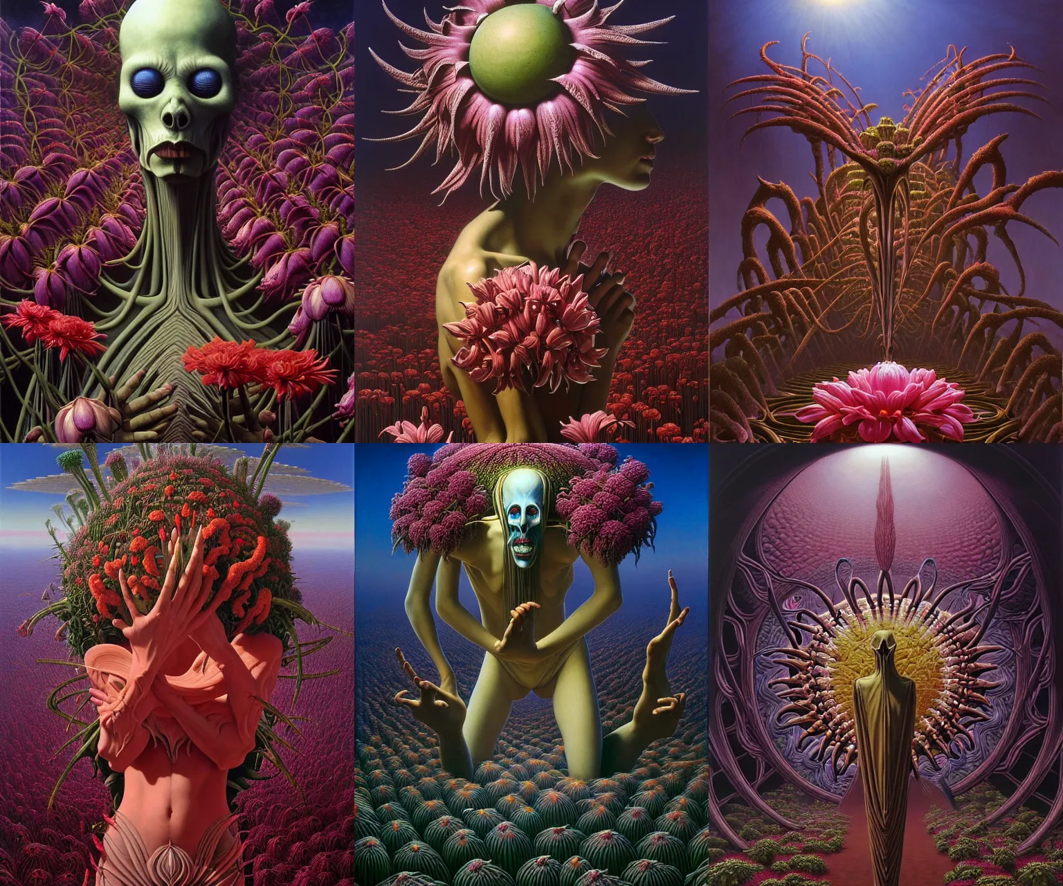 Prompt: a cinematic masterpiece still life painting of a colossal gothic metal flowers of grief, sorrow, misery and despair, exotic flora, by Alex Grey, by Wayne Barlowe, by Tim Hildebrandt, by Bruce Pennington, by Zdzisław Beksiński, by Caravaggio, oil on canvas, masterpiece, trending on artstation, featured on pixiv, cinematic composition, astrophotography, dramatic pose, beautiful lighting, sharp, details, details, details, hyper-detailed, no frames, HD, HDR, 4K, 8K