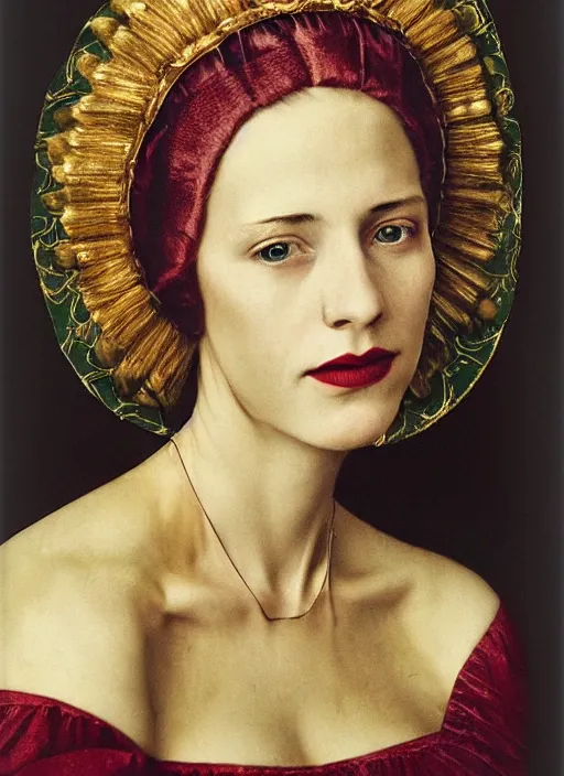 Prompt: portrait of young woman in renaissance dress and renaissance headdress, art by annie leibovitz