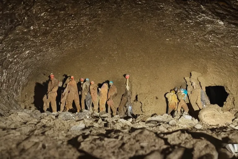 Prompt: miners in a dark cave discovers an alien egg, low quality shot, eerie, bizarre