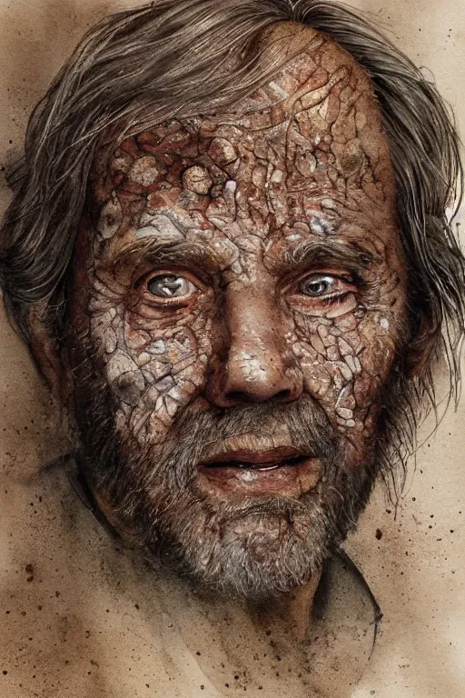 Image similar to portrait of a old man with aquarelle painted skin. trying to say something. close up. very dark brown hair, light eyes. intricate dark flowers pattern background, high detail, by Eddie Mendoza