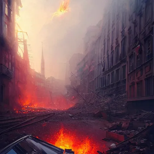 Image similar to city of munich destroyed by a meteor!!!, rubble!!, fires!! hyperrealistic, highly detailed, cinematic, foggy light from fires, beautiful, cgssociety, artstation, 8 k, oil painting by greg rutkowski, by artgerm, by wlop