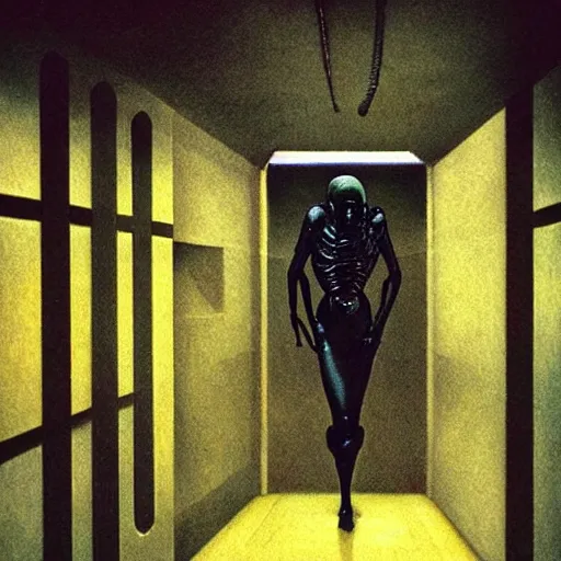 Image similar to black glossy xenomorph, alien movie, endless abandoned office cubicles, pale yellow wallpaper, moist brown carpet, dim fluorescent lighting, artstation, ultra detailed, creepy, dramatic lighting, photorealistic, art by h. r. giger and chris foss and beksinski