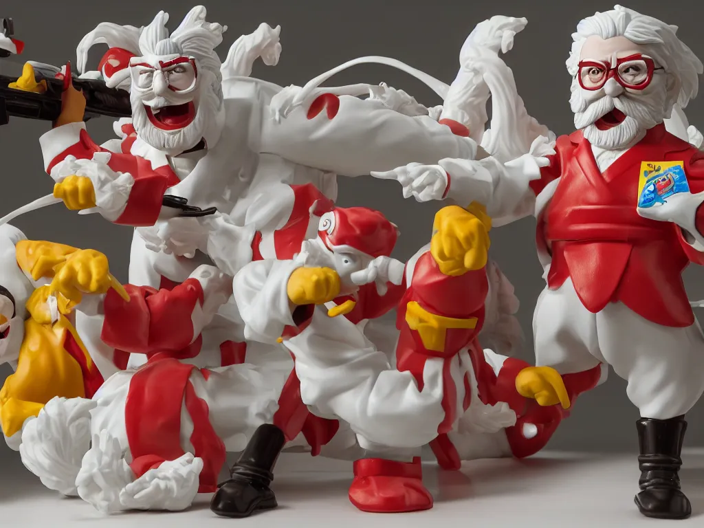 Prompt: A McDonald's happy meal toy of Colonel Sanders from KFC fighting Cyborg Ninjas, 4k, highly detailed. award winning. look at all that detail!