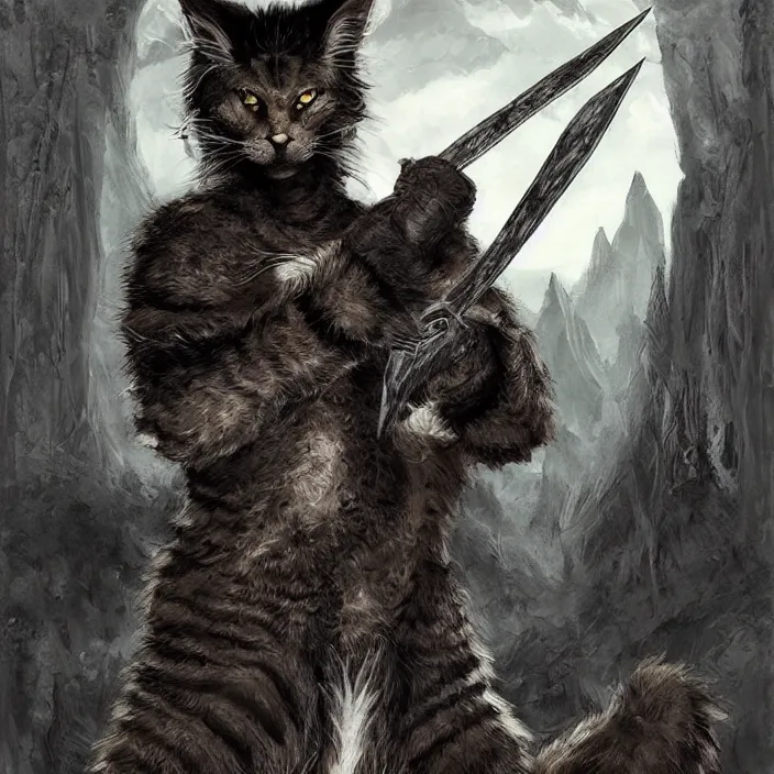 Image similar to Khajit Tabaxi Catfolk Humanoid with Maine Coon features and black fur holding two shortswords cloaked in shadow and wearing leather armor, Dungeons and Dragons, pure white background, Fantasy, Tarot card style, Half Body Portrait, High detail, hyper realistic