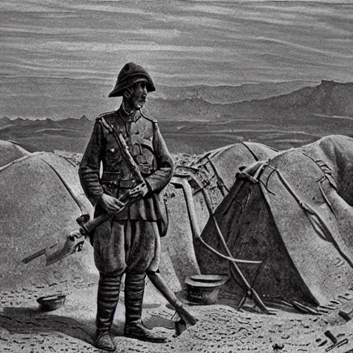 Prompt: ultra detailed photorealistic sepia - toned photograph from 1 9 1 7, a british officer in field fear standing at an archaeological dig site in wadi rum, ultra realistic, painted, intricate details, lovecraft, atmospheric, dark, horror, brooding, highly detailed, by angus mcbride