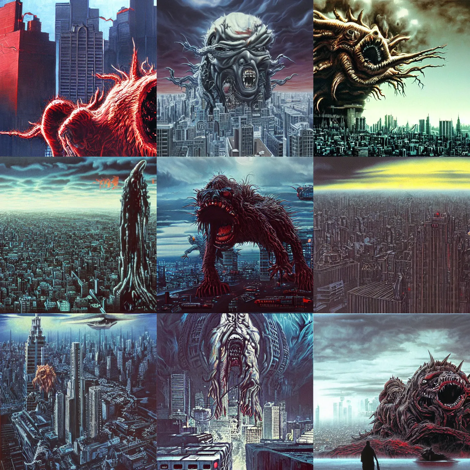 Prompt: john carpenter's the thing, monstrous, looming over a large city, gigantic, akira monster, hyperrealistic, oil painting, beautiful