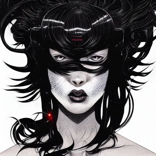 Image similar to portrait closeup of screaming black reflective glossy dark beautiful woman with lights hair, sensual pose, symmetrical, glitches, by yoichi hatakenaka, masamune shirow, josan gonzales and dan mumford, ayami kojima, takato yamamoto, barclay shaw, karol bak, yukito kishiro, moebius