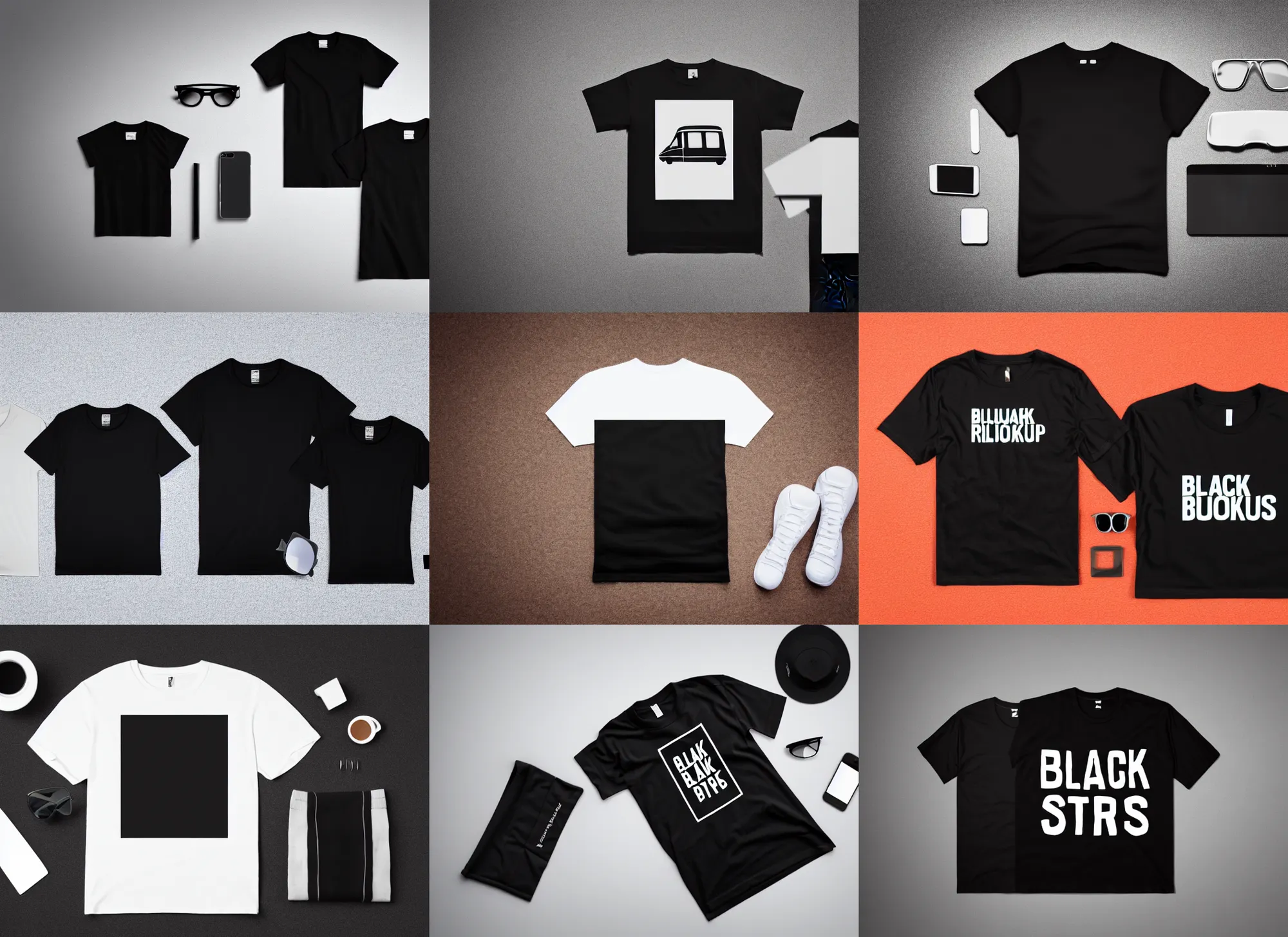 Prompt: clear photorealistic mockup product photograph of a blank black tshirt surrounded by various lifestyle props
