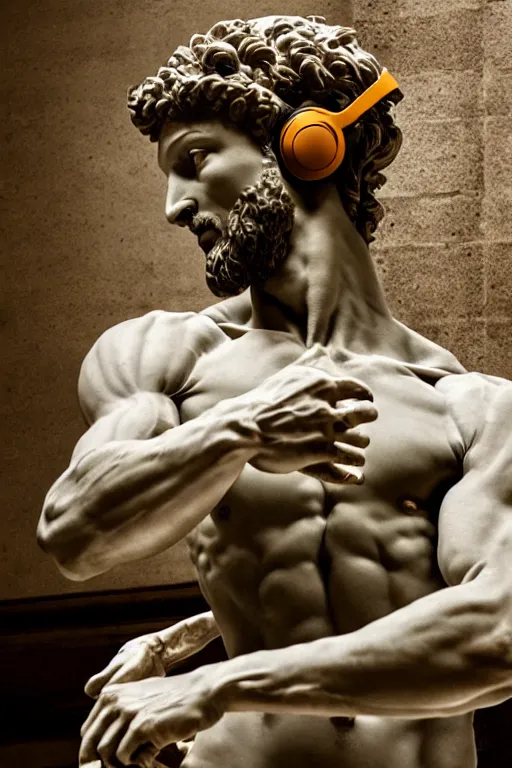 Image similar to a photo of michelangelo's sculpture of david wearing headphones djing, hyper realistic, ambient lighting, concept art, intricate, hyper detailed, smooth, dynamic volumetric lighting, octane, cinematic, high quality, high resolution, 4 k