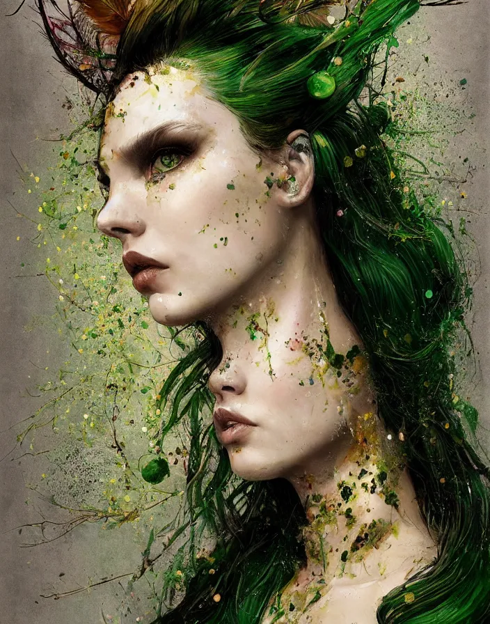 Image similar to a splatterpunk portrait of a gorgeous woman with eldritch woven hair and green and gold twigs and feathers for hair, with green glossy lips, hyperrealistic, award-winning, in the style of Tom Bagshaw, Cedric Peyravernay