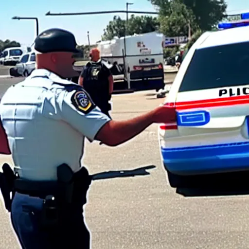 Image similar to Mr. Clean getting arrested by the police at a gas station