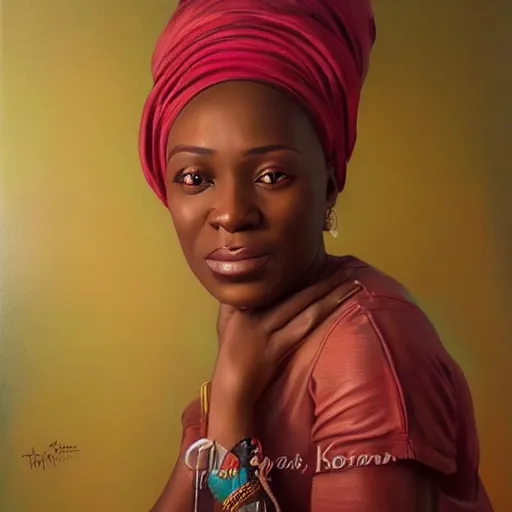 Image similar to portrait of an nigerian woman ( 3 5 ) from nigeria in 2 0 2 1, an oil painting by ross tran and thomas kincade